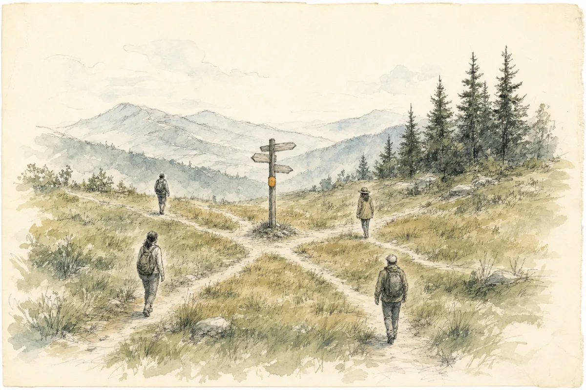 A pen-and-ink and watercolor sketch of several figures walking separate paths across a mountain meadow, all converging on a single wooden signpost where the paths meet.