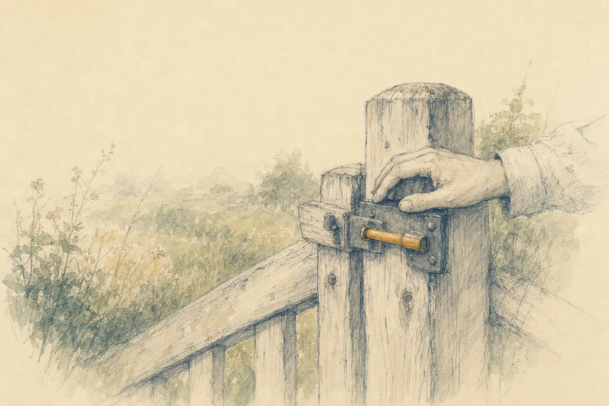 A pen-and-ink and watercolor illustration: a hand resting on the latch of a closed wooden gate, the latch pin glowing a single amber, holding the gate shut.