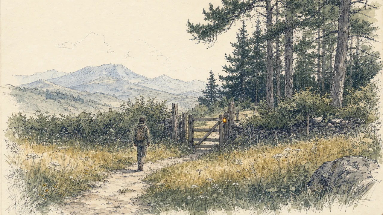 A warm watercolor and pen-and-ink landscape: a single figure walks a path toward a wooden gate in a mountain meadow, with one small amber accent at the gate latch.