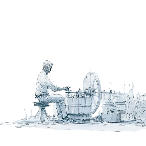 A pencil sketch of a maker seated at a hand-turned wheel, working.