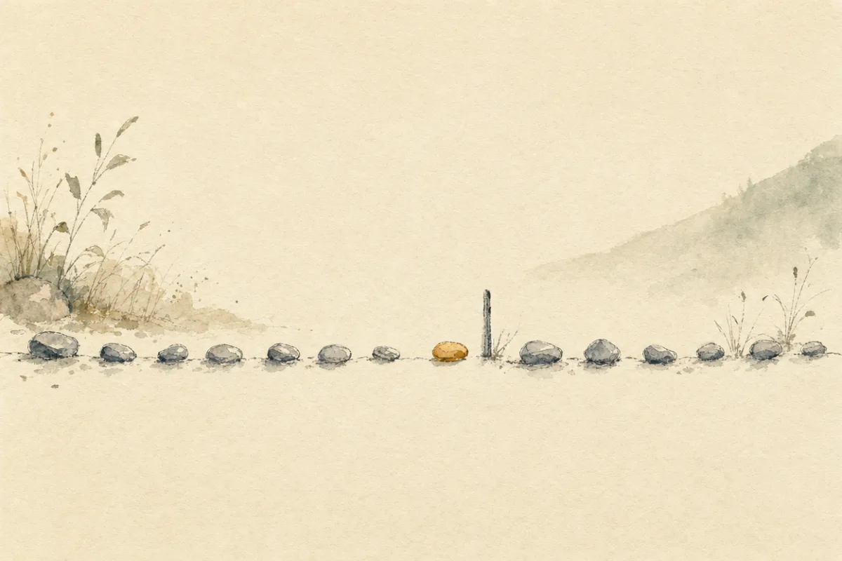 A pen-and-ink and watercolor illustration: a horizontal row of small stones crossing cream paper, one stone held apart in amber at a small threshold, like one step of a run held for a human.