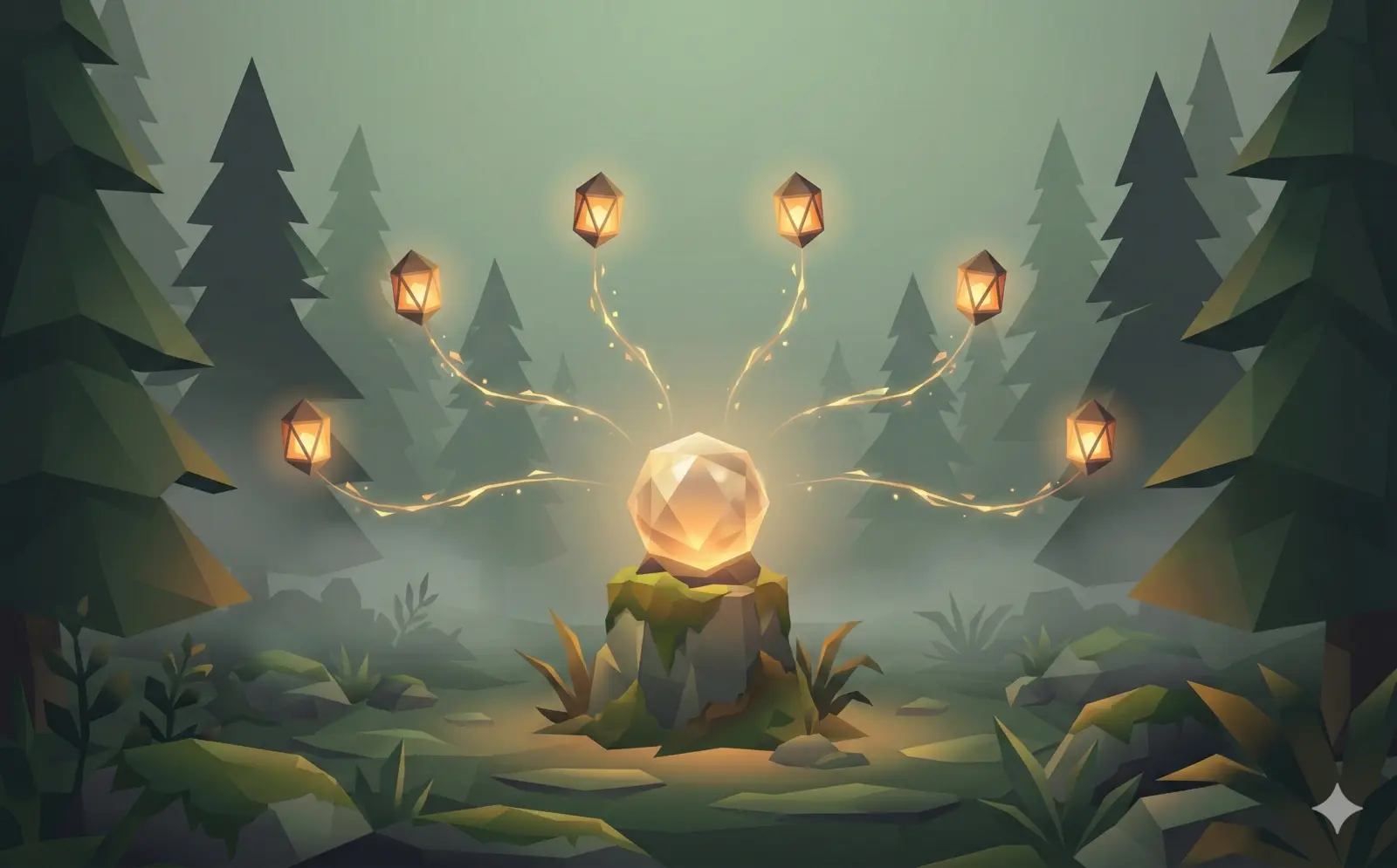 Luminous central hub connecting team tools in a mystical forest clearing