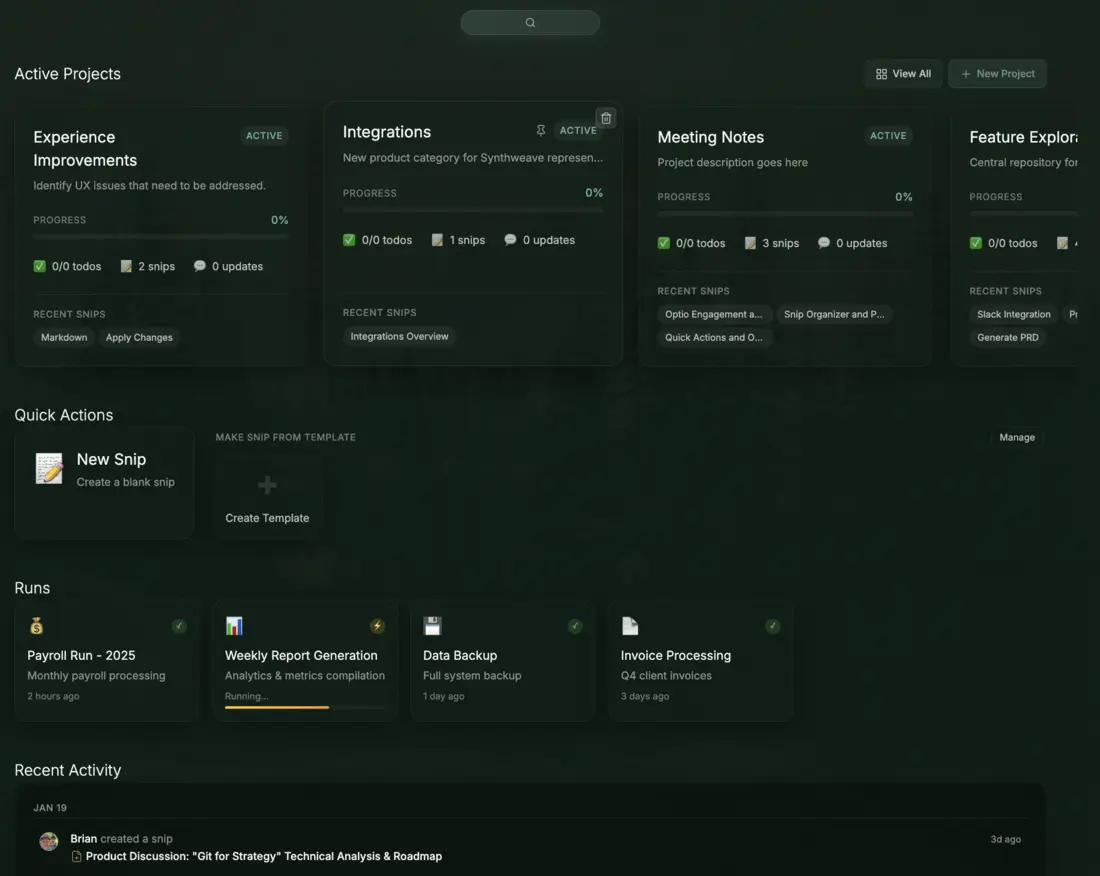 SynthWeave product interface showing collaborative AI workspace